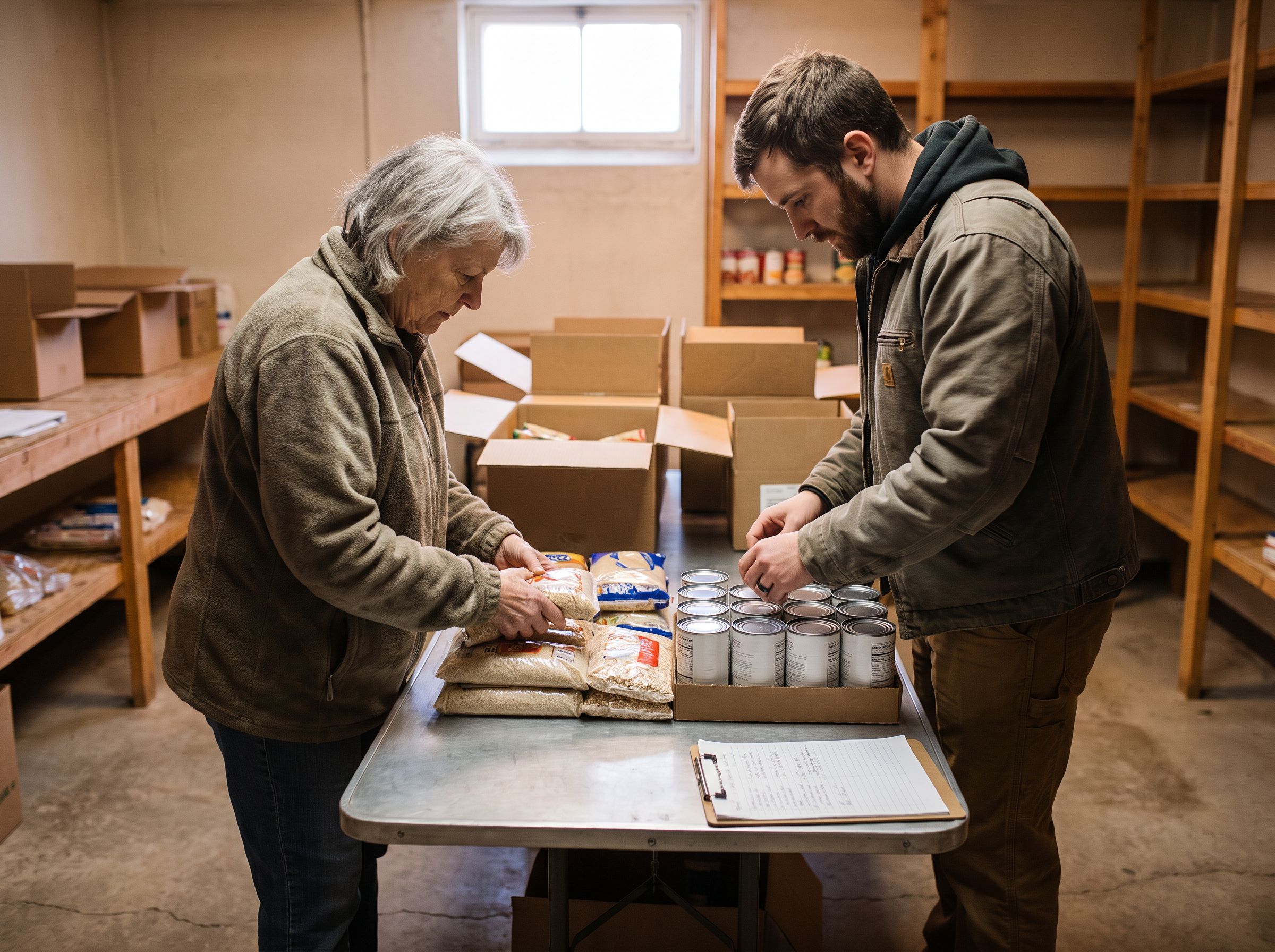 Two volunteers sorting canned goods and bags of rice onto a folding table in a pantry.